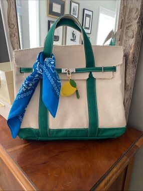 Large Sunwin Boatkin Cream/Green Canvas Tote Bag with Bandana Scarf+Bag Charm